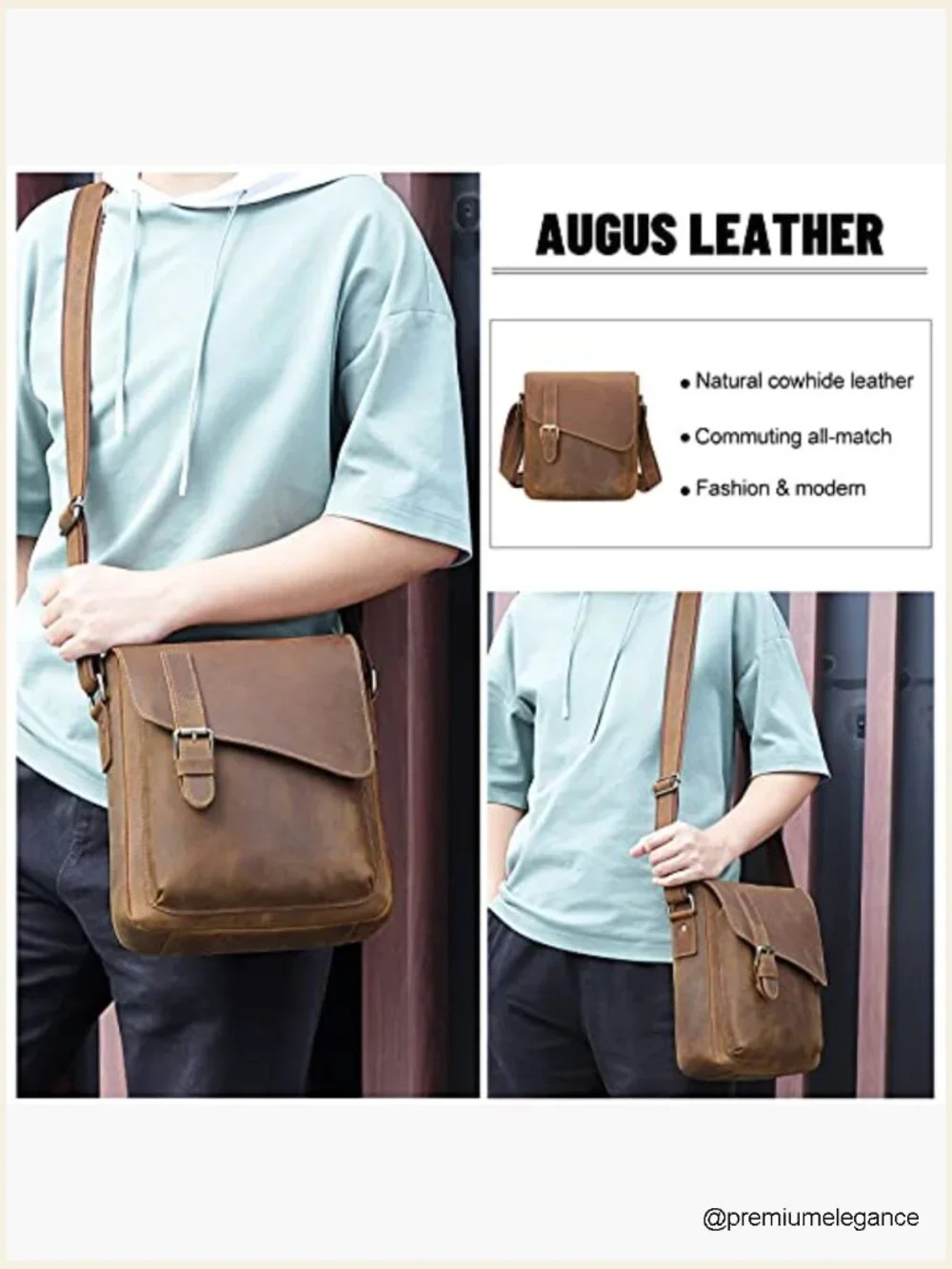 Genuine Leather Messenger Bag Crossbody Fits Tablet